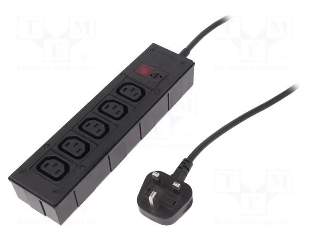 Extension lead; BS 1363 (G) plug,IEC C13 female x5; black; 10A BULGIN PXD303/050/01/1