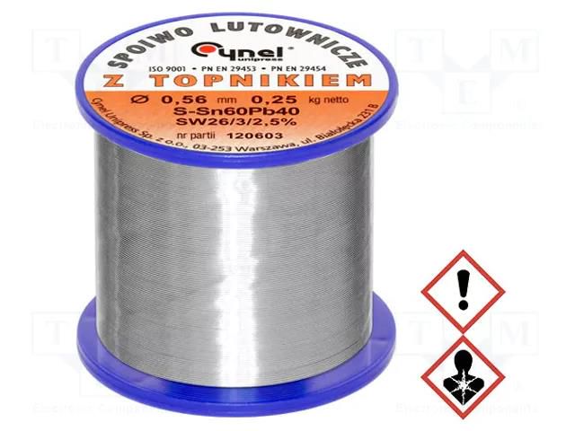 Tin; lead-based; Sn60Pb40; 0.56mm; 0.25kg; reel; 190°C; 2.5% CYNEL LC60-0.56/0.25