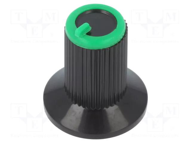 Knob; with flange; plastic; Øshaft: 6mm; Ø10x19mm; black; green SR PASSIVES GTC6M-18X19-355C