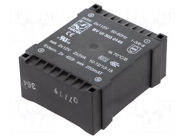 Transformer: encapsulated; 6VA; 115VACx2; 12V; 12V; 250mA; 250mA HAHN BVUI3030145
