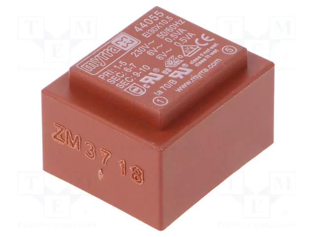 Transformer: encapsulated; 1VA; 230VAC; 6V; 6V; 83mA; 83mA; PCB MYRRA MYRRA-44055