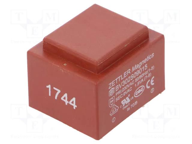 Transformer: encapsulated; 1.5VA; 230VAC; 9V; 167mA; PCB ZETTLER BV302S09015ZU