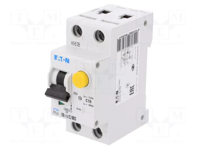 RCBO breaker; Inom: 10A; Ires: 30mA; Max surge current: 250A; IP20 EATON ELECTRIC PFL6-10/1N/C/003