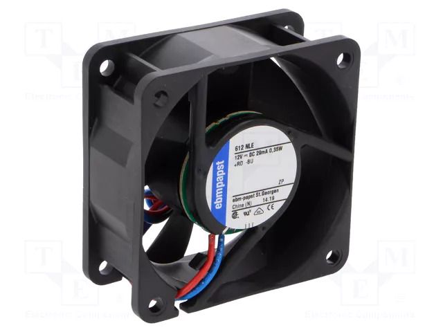 Fan: DC; axial; 12VDC; 60x60x25mm; 21m3/h; 16dBA; ball; 2500rpm EBM-PAPST 612NLE