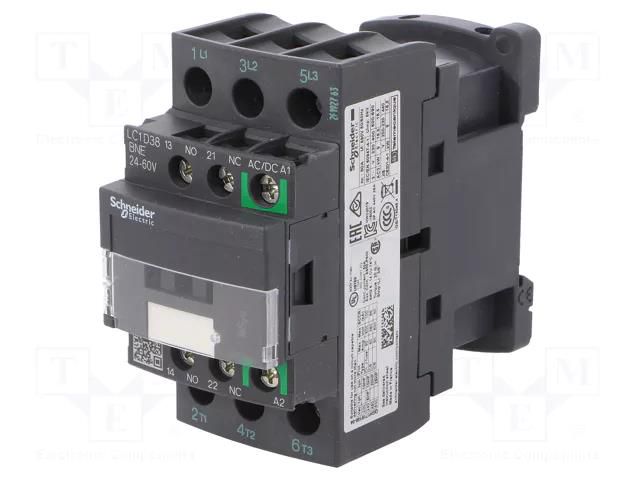 Contactor: 3-pole; NO x3; Auxiliary contacts: NO + NC; 38A; W: 45mm SCHNEIDER ELECTRIC LC1D38BNE