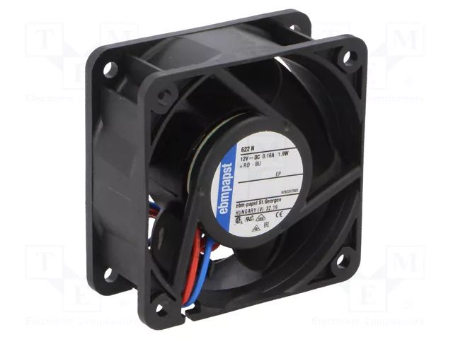 Fan: DC; axial; 12VDC; 60x60x25mm; 40m3/h; 35dBA; ball; 6100rpm EBM-PAPST 622N