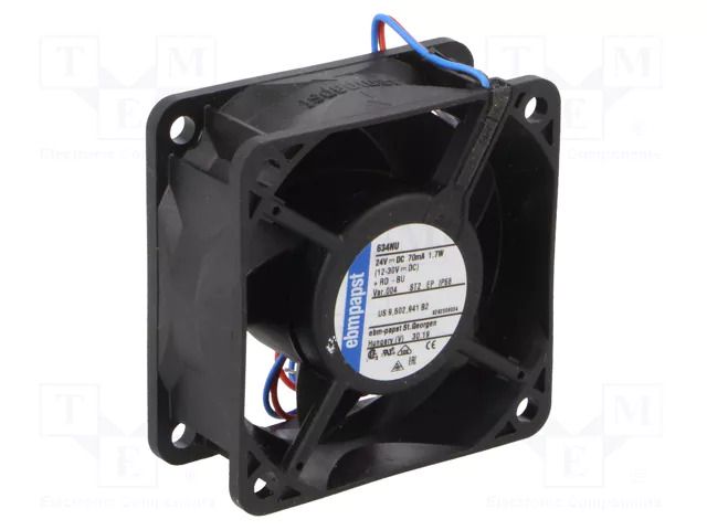 Fan: DC; axial; 24VDC; 60x60x25mm; 40m3/h; 34dBA; ball; 5900rpm; IP68 EBM-PAPST 634NU-004