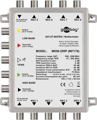 Passive SAT Multiswitch 5 Inputs / 8 Outputs, silver - distributor for max. 8 participants from one satellite 67178