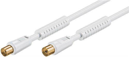 Antenna Cable with Ferrite (80 dB), Double Shielded, 1.5 m, white - gold-plated, coaxial plug > coaxial socket (fully shielded) 67276
