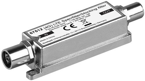 LTE/4G Blocking Filter, Coax Plug to Coax Socket, Coaxial male (plug) - for interference-free DVB-T / DVB-T2 HD reception 67512