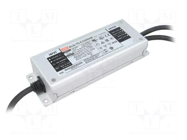 Power supply: switching; LED; 74.55W; 35÷71VDC; 525÷1050mA; IP65 MEAN WELL ELG-75-C1050AB