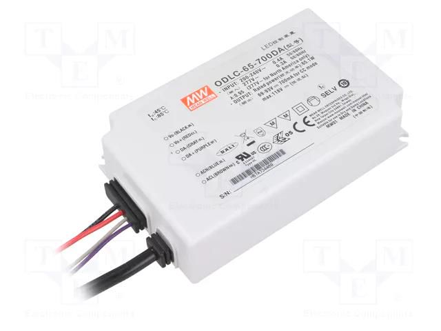 Power supply: switching; LED; 65.1W; 69÷93VDC; 700mA; 180÷295VAC MEAN WELL ODLC-65-700DA