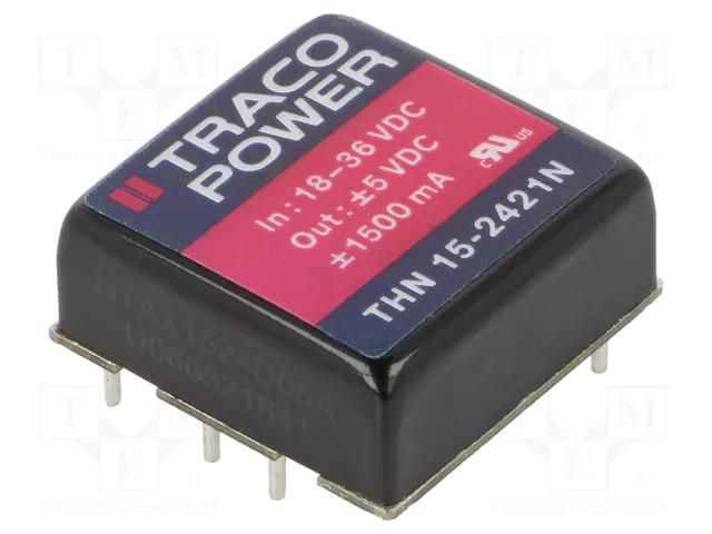 Converter: DC/DC; 15W; Uin: 18÷36VDC; Uout: 5VDC; Uout2: -5VDC; 1"x1" TRACO POWER THN15-2421N
