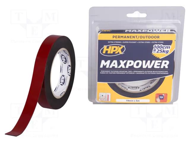 Tape: fixing; W: 19mm; L: 5m; Thk: 1.1mm; double-sided; acrylic; black HPX HPX-MDSO-1905BK