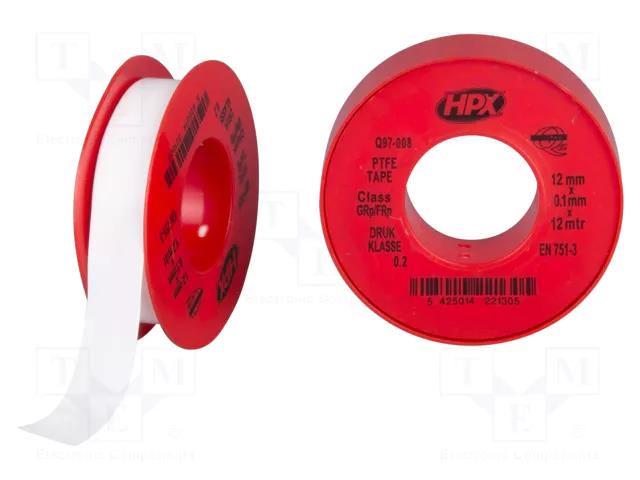 Tape: sealing; W: 12mm; L: 12m; Thk: 0.1mm; white; PTFE; max.260°C HPX HPX-PTFEG-1212WH