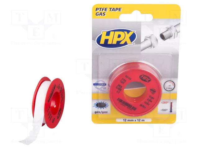 Tape: sealing; W: 12mm; L: 12m; Thk: 0.1mm; white; PTFE; max.260°C HPX HPX-PTFEG-1212WH/2