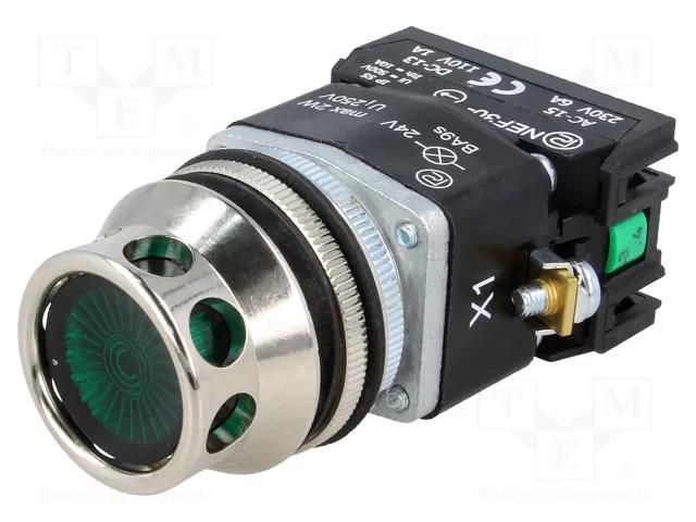 Switch: push-button; 30mm; Stabl.pos: 1; NC + NO; green; 24V; IP56 PROMET NEF30-KLZXY24V