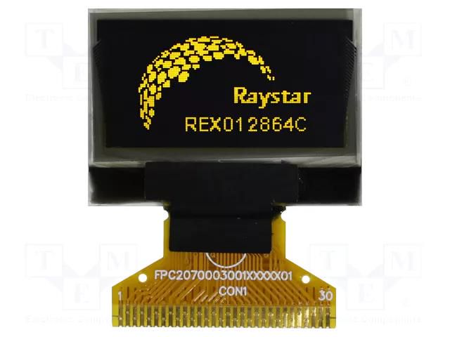 Display: OLED; graphical; 128x64; Dim: 26.7x19.26x1.41mm; yellow RAYSTAR OPTRONICS REX012864CYAP3N0