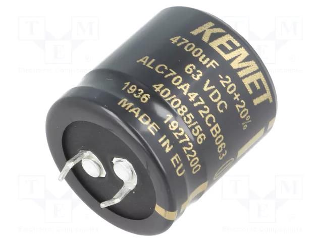 Capacitor: electrolytic; SNAP-IN; 4.7mF; 63VDC; Ø30x30mm; ±20% KEMET ALC70A472CB063