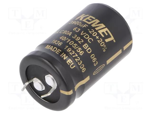 Capacitor: electrolytic; SNAP-IN; 3.9mF; 63VDC; Ø25x40mm; ±20% KEMET ALC80A392BD063