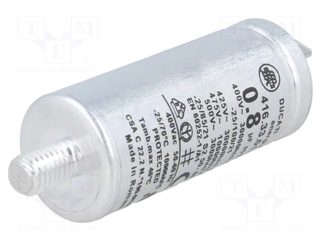 Capacitor: polypropylene; motors, run; 0.8uF; 400VAC; Ø25x60mm DUCATI ENERGIA 4.16.33.01.29