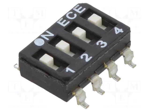 Switch: DIP-SWITCH; Poles number: 4; OFF-ON; 0.025A/24VDC; Pos: 2/4 ECE ESD104LTZ