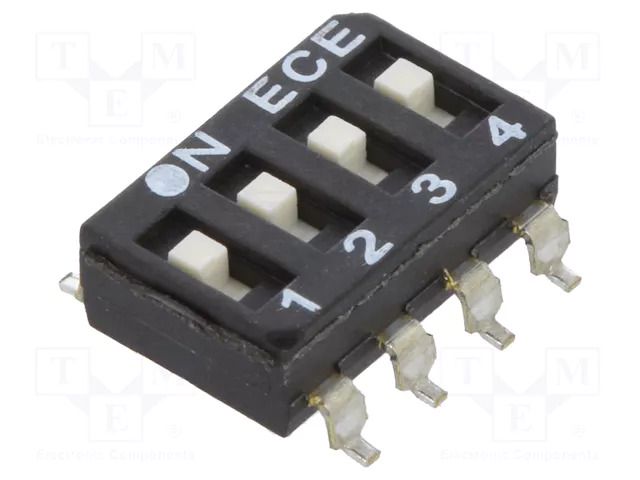 Switch: DIP-SWITCH; Poles number: 4; OFF-ON; 0.025A/24VDC; Pos: 2/4 ECE ESD104LTZ