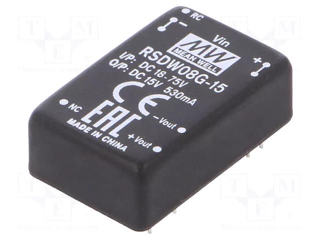 Converter: DC/DC; 8W; Uin: 18÷75VDC; Uout: 15VDC; Iout: 0÷530mA; THT MEAN WELL RSDW08G-15