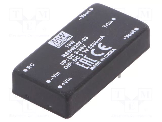 Converter: DC/DC; 20W; Uin: 9÷36VDC; Uout: 3.3VDC; Iout: 5500mA; THT MEAN WELL RSDW20F-03