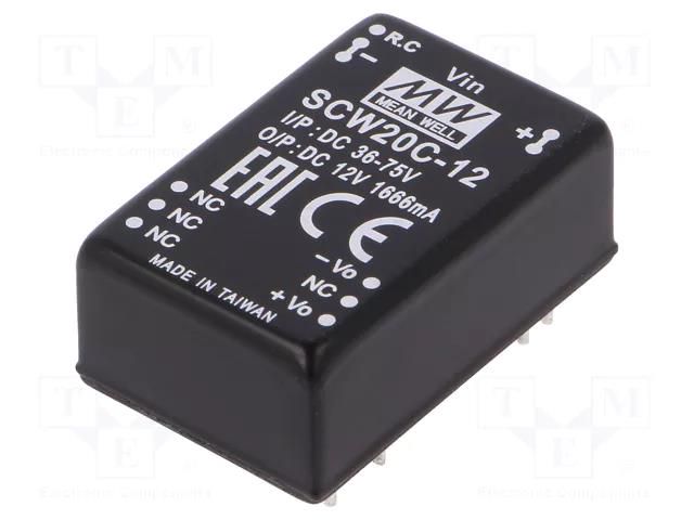Converter: DC/DC; 20W; Uin: 36÷75VDC; Uout: 12VDC; Iout: 1666mA; THT MEAN WELL SCW20C-12