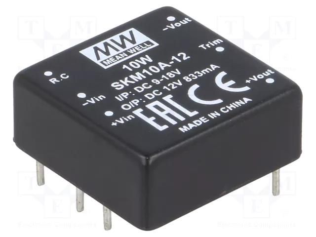 Converter: DC/DC; 10W; Uin: 9÷18VDC; Uout: 12VDC; Iout: 833mA; THT MEAN WELL SKM10A-12