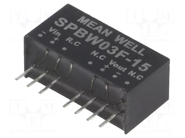 Converter: DC/DC; 3W; Uin: 9÷36VDC; Uout: 15VDC; Iout: 0÷200mA; SIP8 MEAN WELL SPBW03F-15