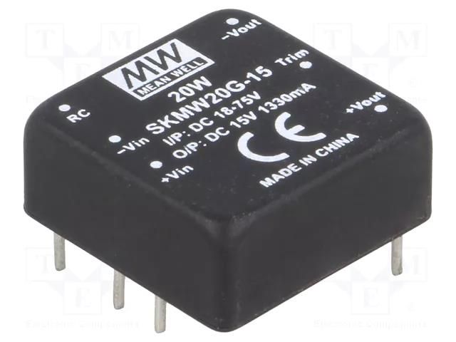 Converter: DC/DC; 20W; Uin: 18÷75VDC; Uout: 15VDC; Iout: 0÷1330mA MEAN WELL SKMW20G-15