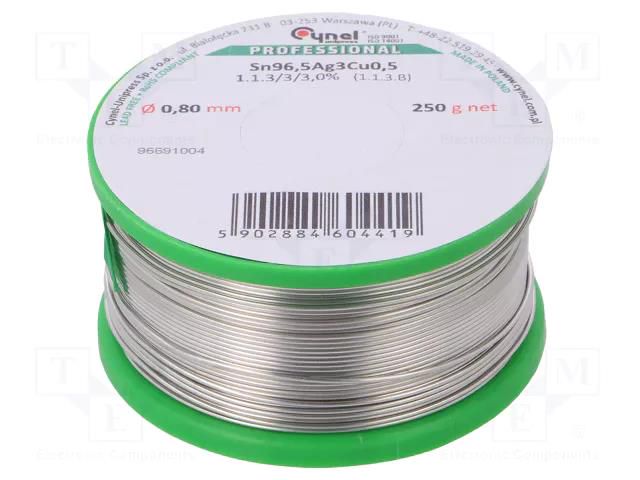 Tin; lead free; Sn96,5Ag3Cu0,5; 0.8mm; 250g; reel; 217÷219°C; 3% CYNEL SAC305-0.8/0.25