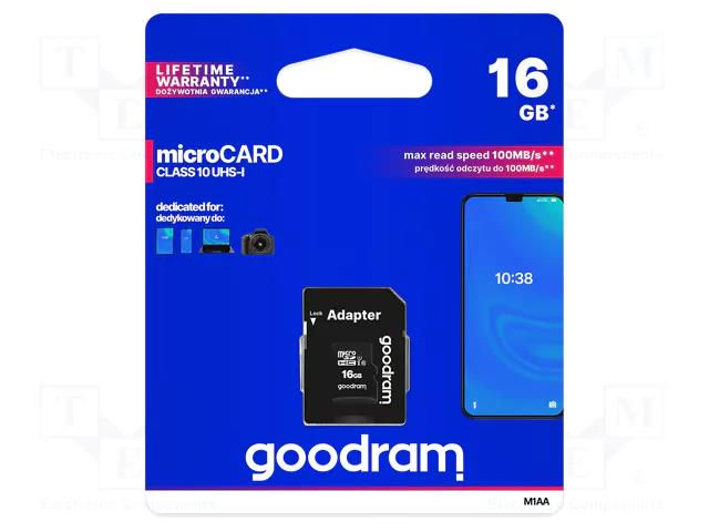 Memory card; microSDHC; R: 100MB/s; W: 10MB/s; Class 10 UHS U1 GOODRAM M1AA-0160R12