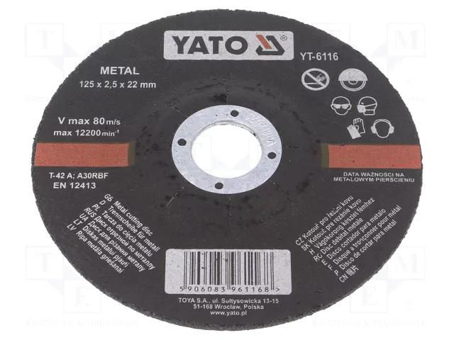 Cutting wheel; Ø: 125mm; Øhole: 22mm; Disc thick: 2.5mm; prominent YATO YT-6116