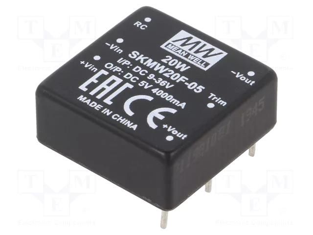 Converter: DC/DC; 20W; Uin: 9÷36VDC; Uout: 5VDC; Iout: 0÷4000mA; THT MEAN WELL SKMW20F-05