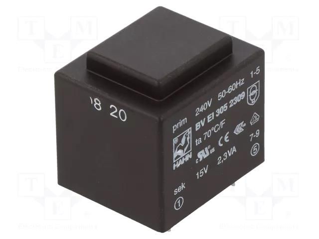 Transformer: encapsulated; 2.3VA; 240VAC; 15V; 153mA; PCB; BVEI HAHN BVEI3052309