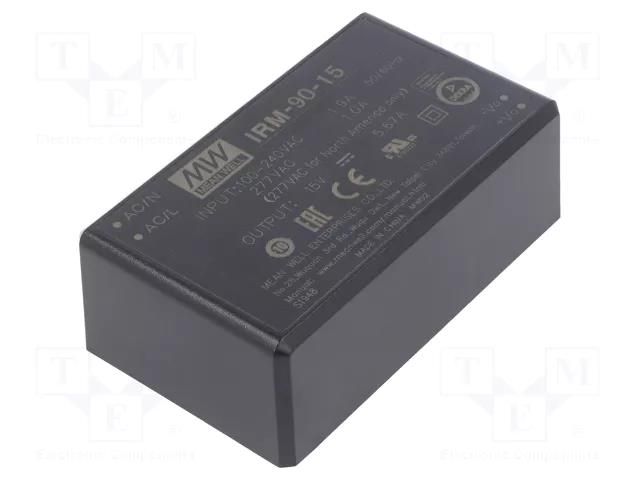 Converter: AC/DC; 85W; Uin: 80÷305VAC,113÷431VDC; Uout: 15VDC; PCB MEAN WELL IRM-90-15