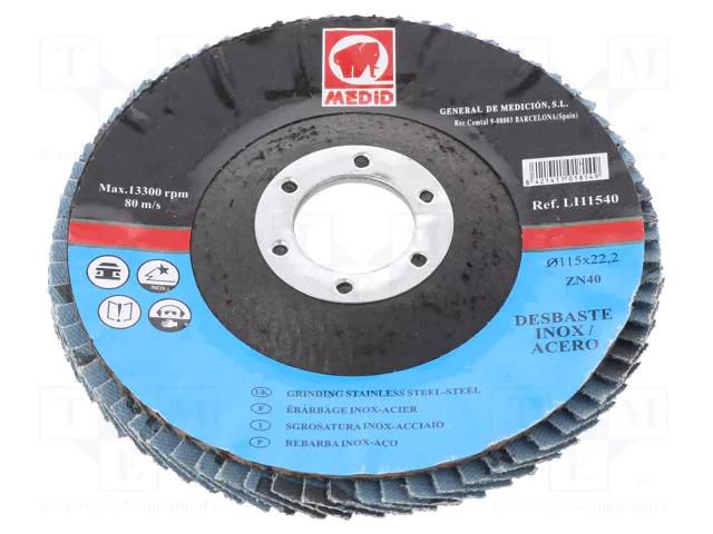 Flap grinding wheels; Ø: 115mm; Øhole: 22mm; Granularity: 40 MEDID MED.LI115ZN40