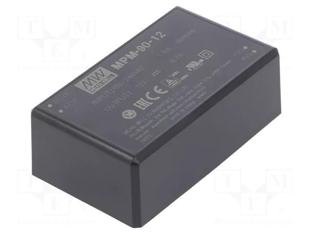 Converter: AC/DC; 80W; Uin: 80÷264VAC; 12VDC; Iout: 6.7A; OUT: 1; 92% MEAN WELL MPM-90-12