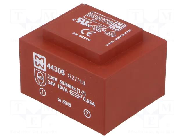 Transformer: encapsulated; 16VA; 230VAC; 24V; 667mA; PCB MYRRA MYRRA-44306