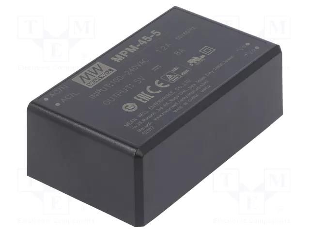 Converter: AC/DC; 40W; Uin: 80÷264VAC; 5VDC; Iout: 8A; OUT: 1; 88% MEAN WELL MPM-45-5