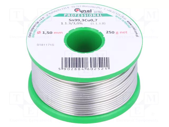 Tin; lead free; Sn99,3Cu0,7; 1.5mm; 250g; reel; Flux: CF48,No Clean CYNEL SN99C-1.5/0.25