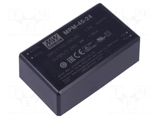Converter: AC/DC; 45W; Uin: 80÷264VAC; 24VDC; Iout: 1.88A; OUT: 1 MEAN WELL MPM-45-24