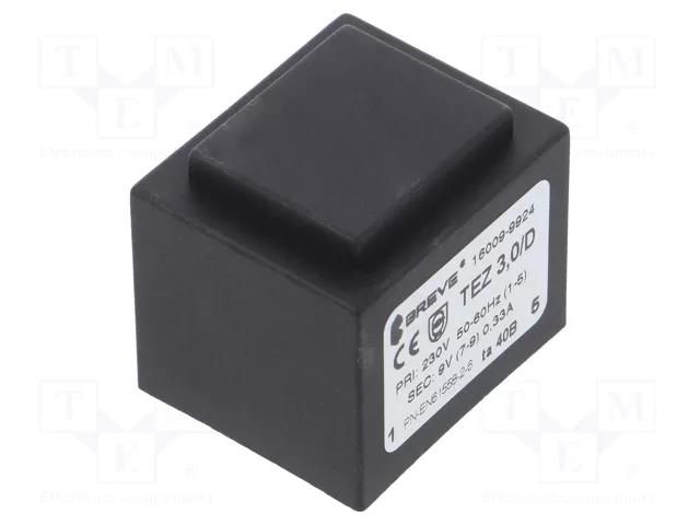 Transformer: encapsulated; 3VA; 230VAC; 9V; 333mA; PCB; IP00; TEZ BREVE TUFVASSONS TEZ3/D/9V-TA40