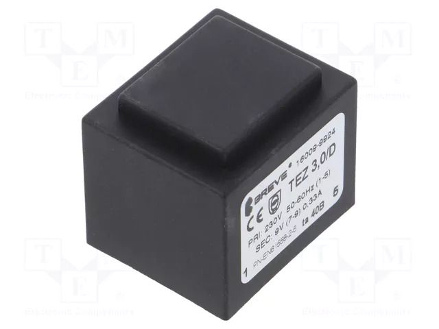 Transformer: encapsulated; 3VA; 230VAC; 9V; 333mA; PCB; IP00; TEZ BREVE TUFVASSONS TEZ3/D/9V-TA40