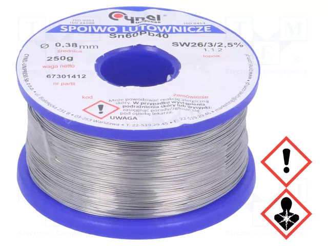 Tin; lead-based; Sn60Pb40; 0.38mm; 0.25kg; reel; 190°C; 2.5% CYNEL LC60-0.38/0.25