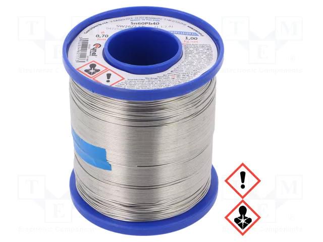 Tin; lead-based; Sn60Pb40; 0.7mm; 1kg; reel; 190°C; 2.5%; Flux: SW26 CYNEL LC60-0.70/1.0