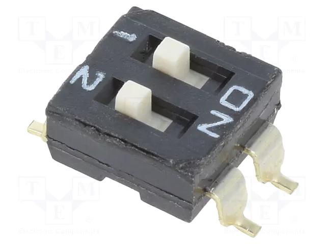 Switch: DIP-SWITCH; Poles number: 2; ON-OFF; 0.025A/24VDC; Pos: 2 APEM IKD0203101